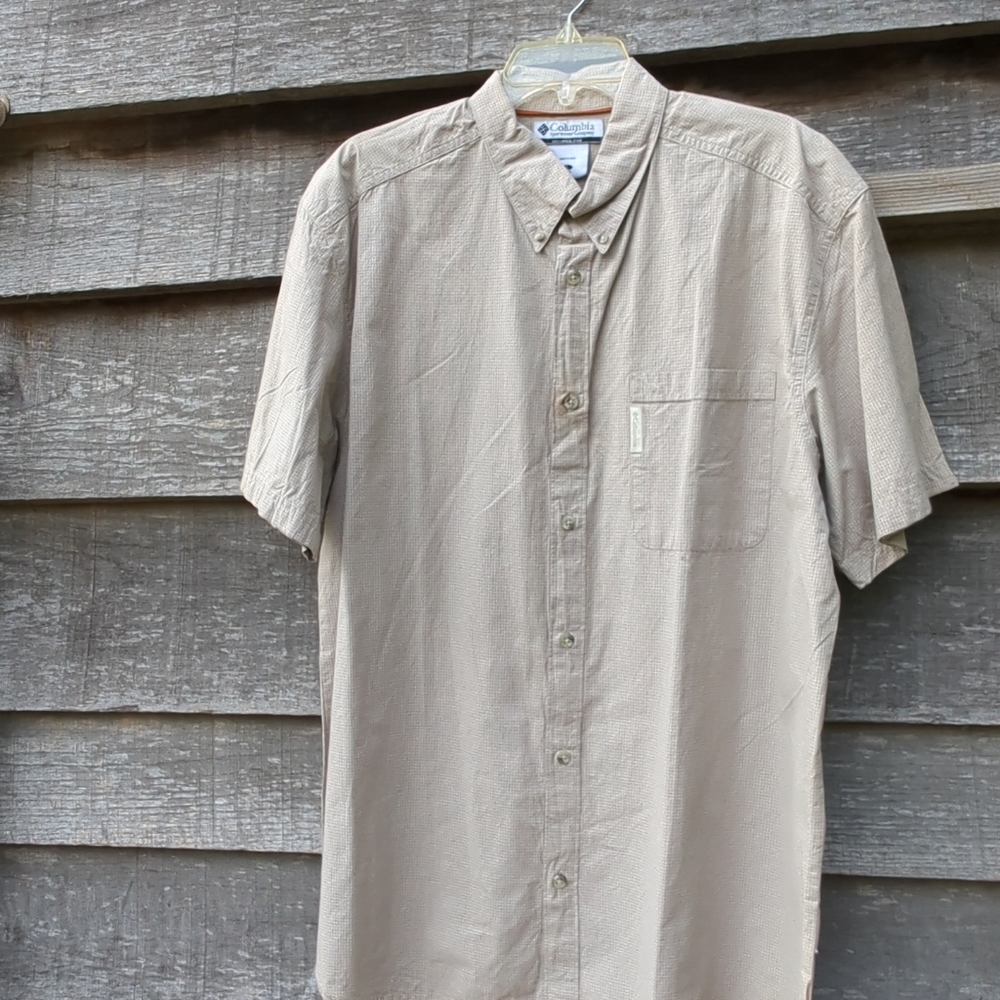 Columbia Mens Large Short Sleeve Button Up Cotton Shirt Plaid Tan and White - Picture 3 of 11